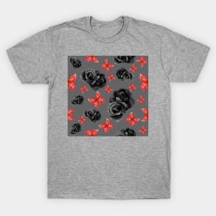 Red Butterflies and Black Roses w/ gray background T-Shirt